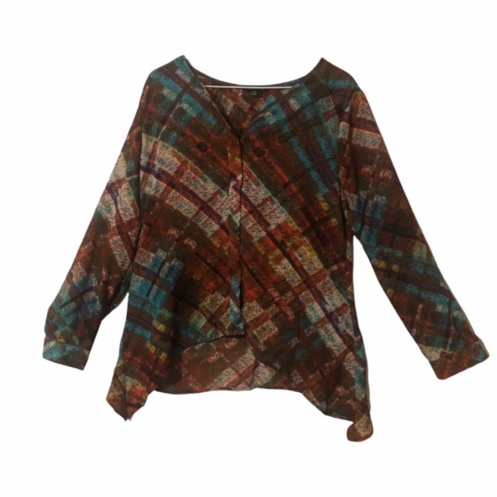 NOTATIONS Bright Autumn Colored ABSTRACT Blouse With Shark Bite Hem Size MEDIUM